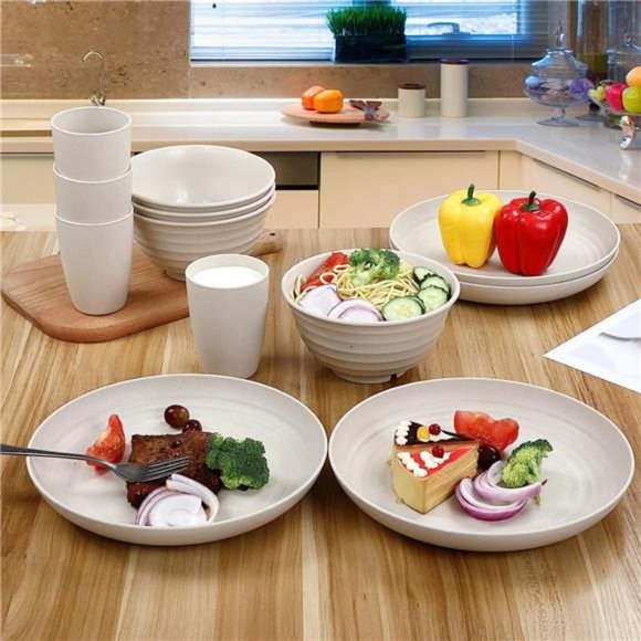 12pcs Wheat Straw Dinnerware Sets, Wheat Straw Plates and Bowls Sets - Picture 4 of 6